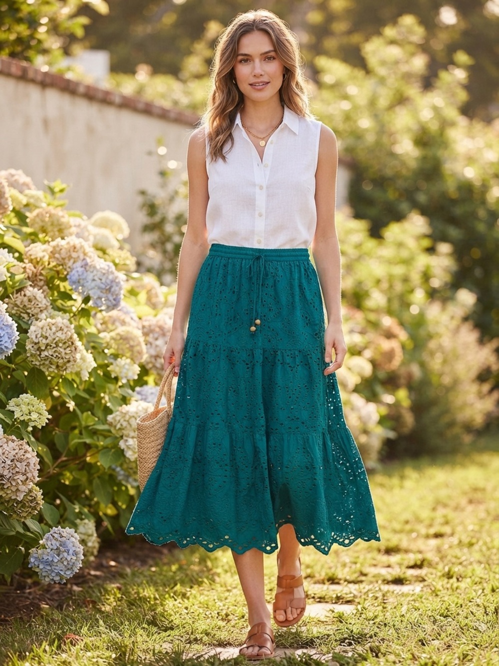 Vintage Teal Eyelet Tiered Midi Skirt - 100% cotton size M